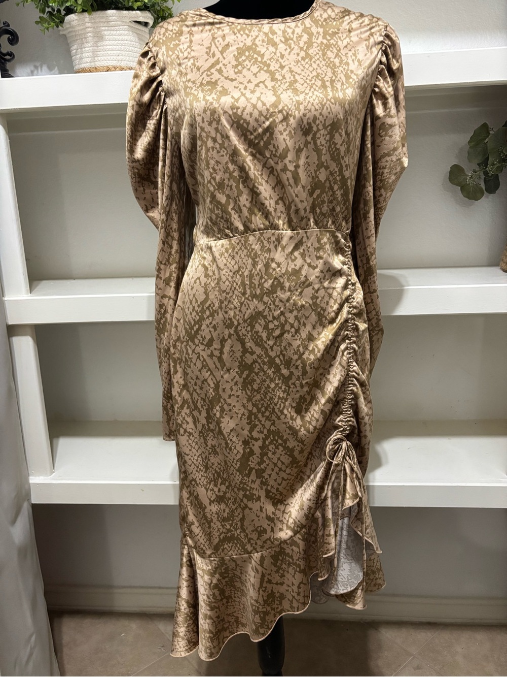 Satin Ruched Beige Midi Dress